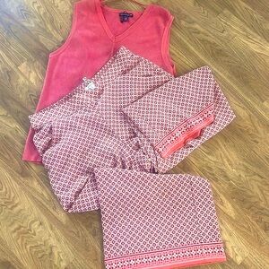 Max Studio Red and Black Geometric Pants and Top with coordinated color.